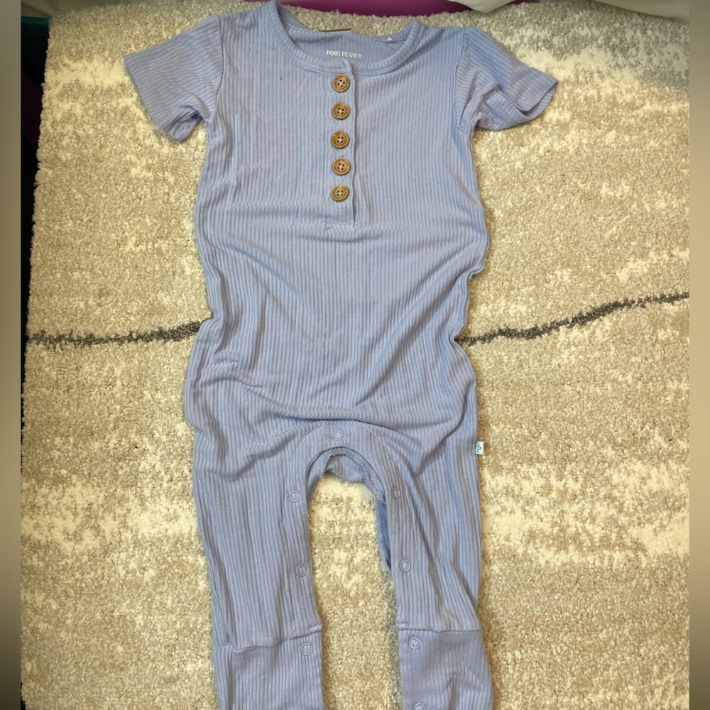 Posh Peanut Blue Lightweight Ribbed Romper with Wooden Buttons